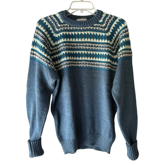 Parkhurst Vintage Wool Fair Isle Sweater Size Medium Blue Made in Canada 70s 80s - Picture 1 of 7